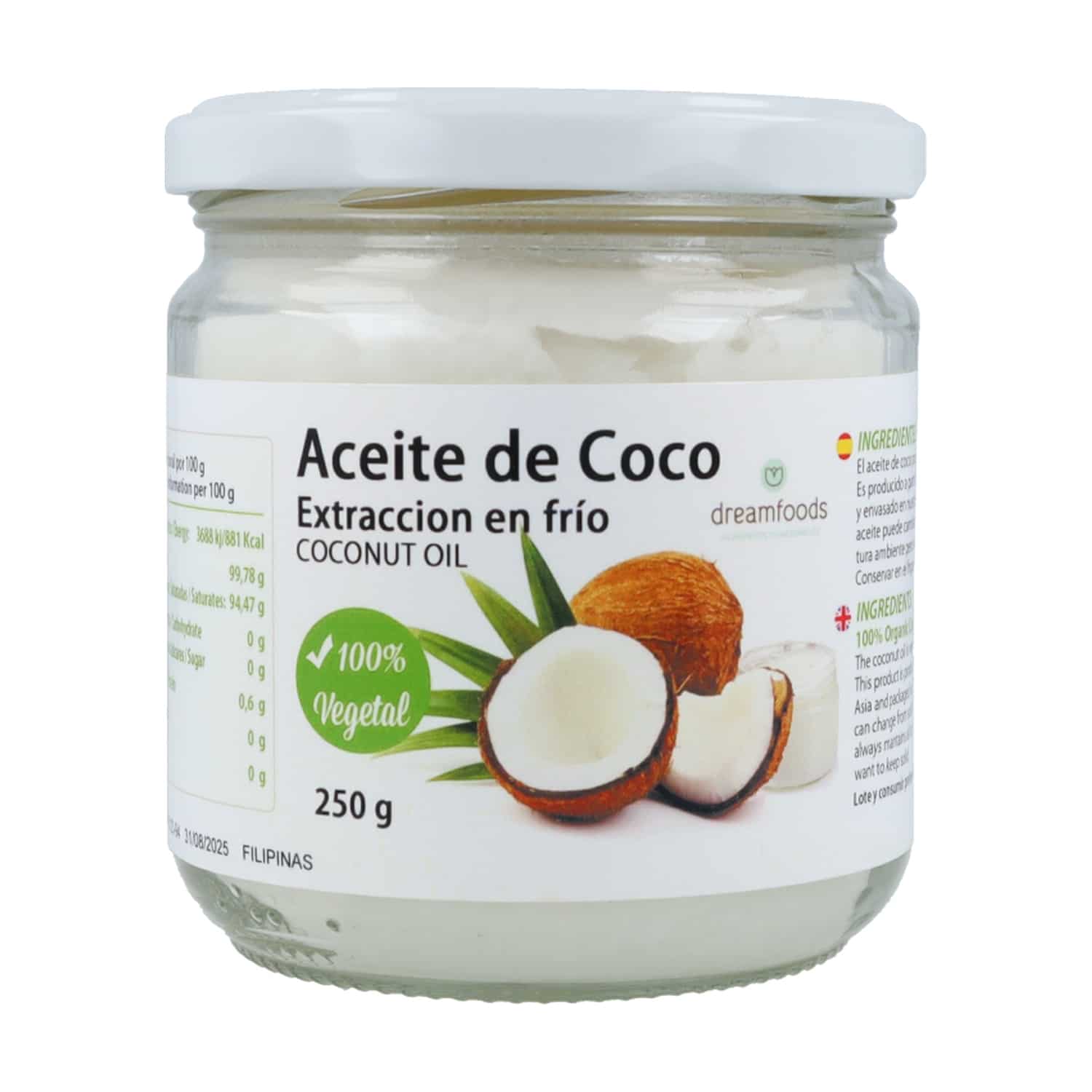 aceite de coco extra virgen bio 250g dream foods